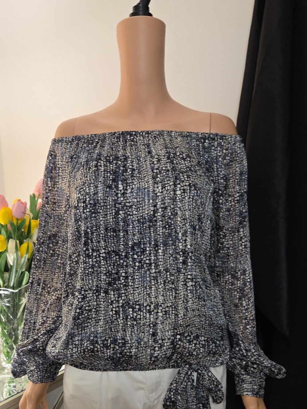 CeCe Navy and White Off-the-Shoulder Printed Peasant Blouse